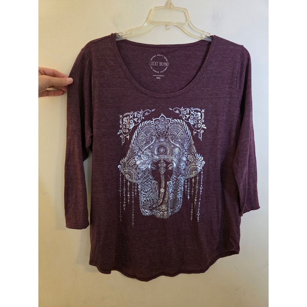Lucky Brand‎ Womens XXL Burgundy Hamsa Elephant Graphic Tee 7WC8040 Long Sleeve